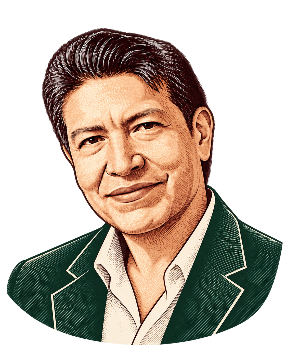 Gravura do fundador da Don Peruone com terno verde e camisa clara